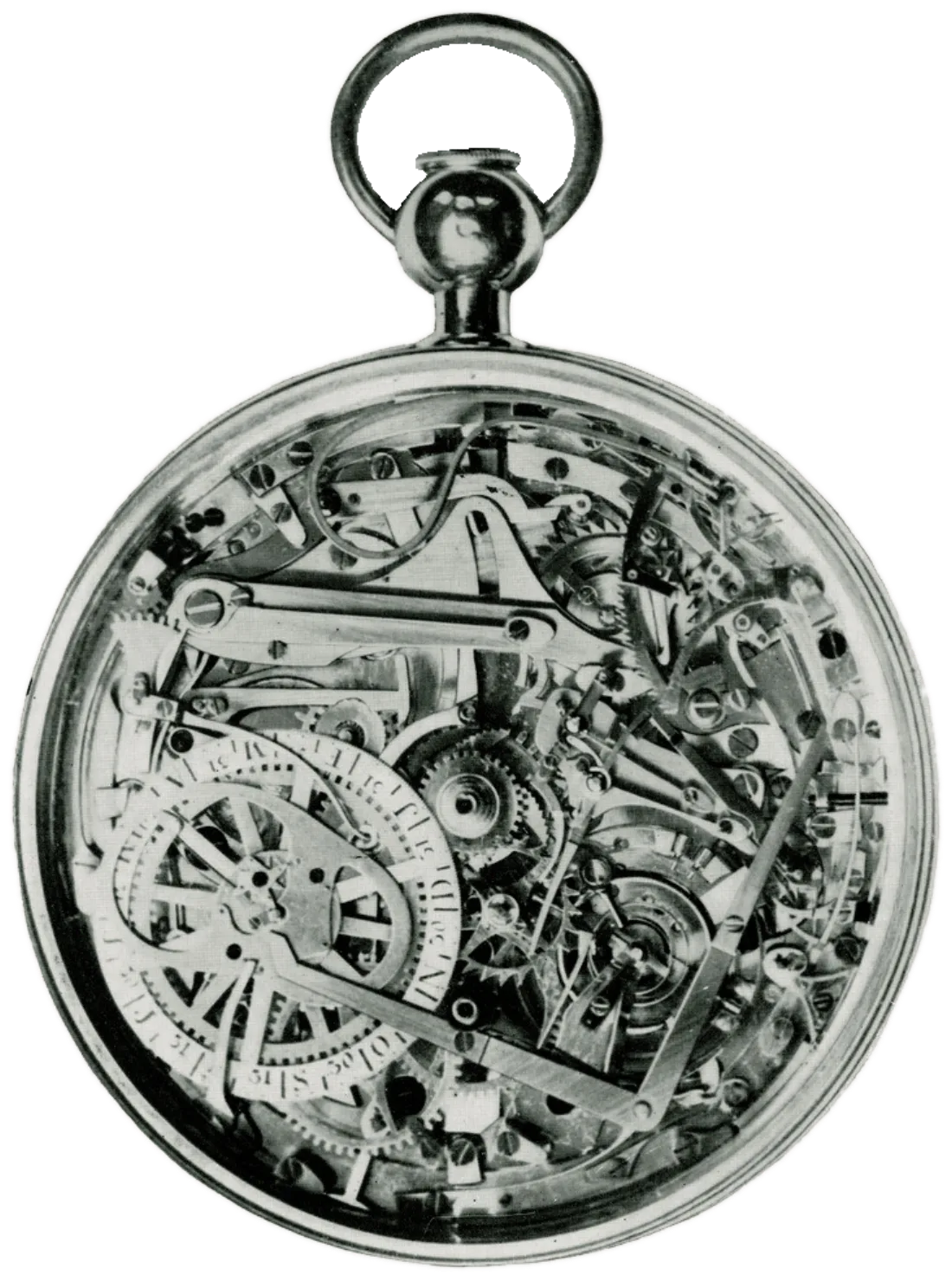 Archival photograph of the Breguet No. 160 pocket watch seen through its crystal, showing the layered movement and its complications.