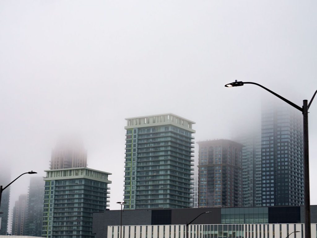 Mississauga towers in morning mist