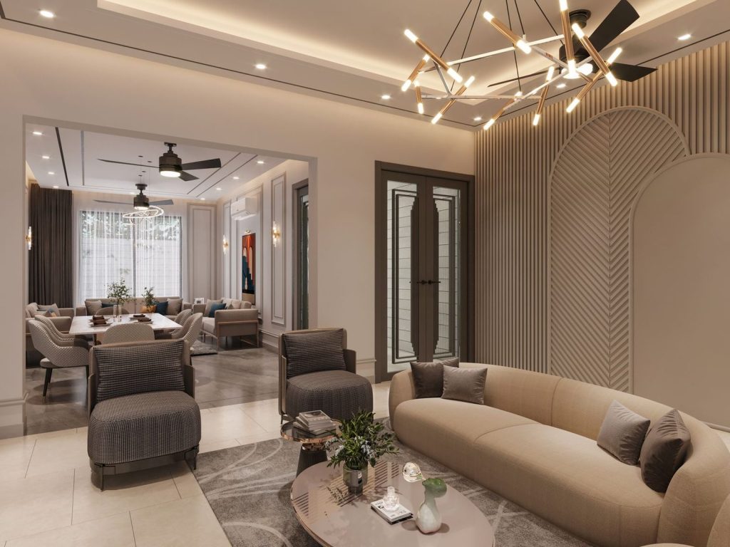 Modern living room with warm lighting and a chandelier