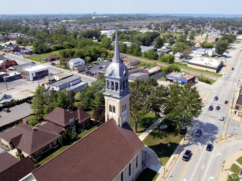 Aerial view of a historic church in Windsor, Ontario