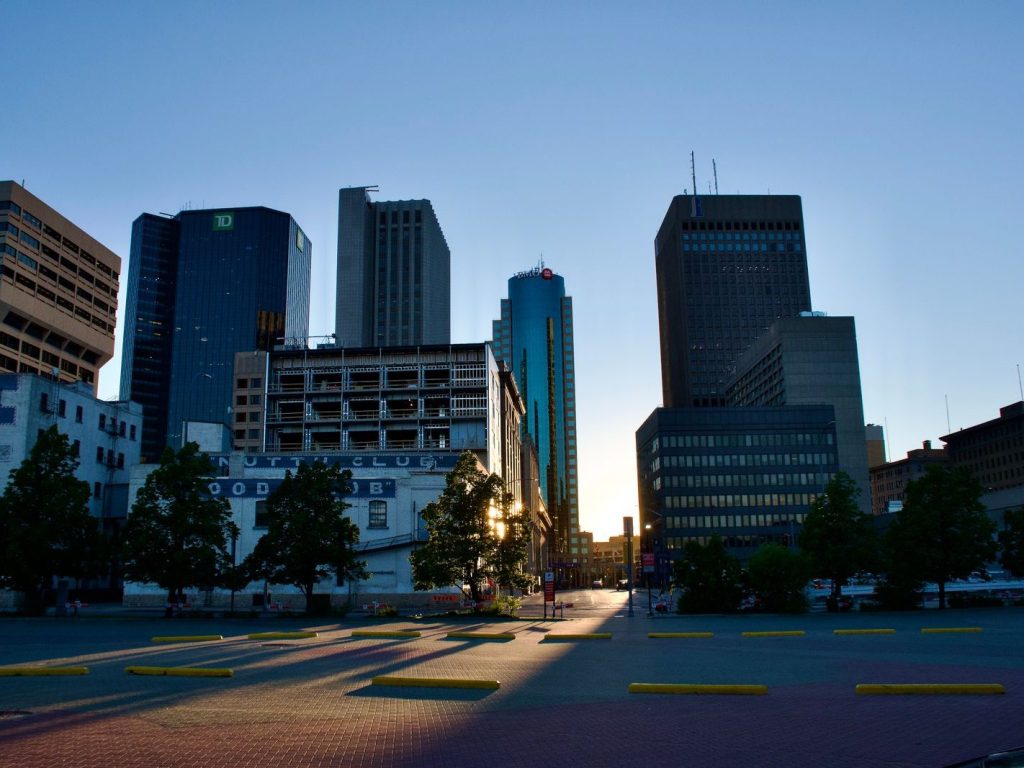 Downtown Winnipeg towers at sunset